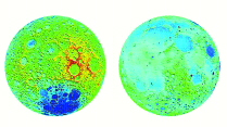 오른쪽은 지구에서 본 달의 앞면, 왼쪽은 뒷면 지형도. 파란색은 고도가 낮은 지점이며, 오렌지색은 높은 지점(산)이다. 일본 국립천문대 제공