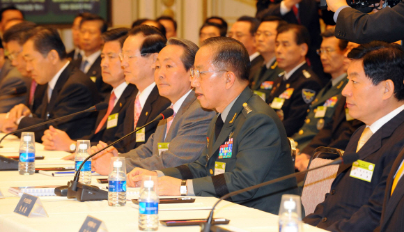 17일 이명박 대통령 주재로 청와대 영빈관에서 열린 제42차 통합방위 중앙회의에서 통합방위본부장인 김태영(오른쪽 두번째) 합참의장이 인사말을 하고 있다.  최해국기자 seaworld@seoul.co.kr 