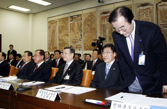 학업성취도 평가 결과 조작 사례가 처음 밝혀진 전북 임실군을 담당하는 최규호 전북교육감이 24일 국회 교육과학기술위원회에 출석, 고개 숙여 인사하고 있다. 김명국기자 daunso@seoul.co.kr