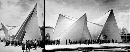 ‘미래를 위한 연습’의 하나로 평가받는 스위스 태생 프랑스 건축가 르코르뷔지에의 1958년 브뤼셀박람회 필립스관. 수학의 확률론을 도입한 루마니아 태생 그리스 작곡가 크세나키스의 음악에 사용된 수치와 정보를 그대로 건축물로 변환시켰다. 서울신문 포토라이브러리