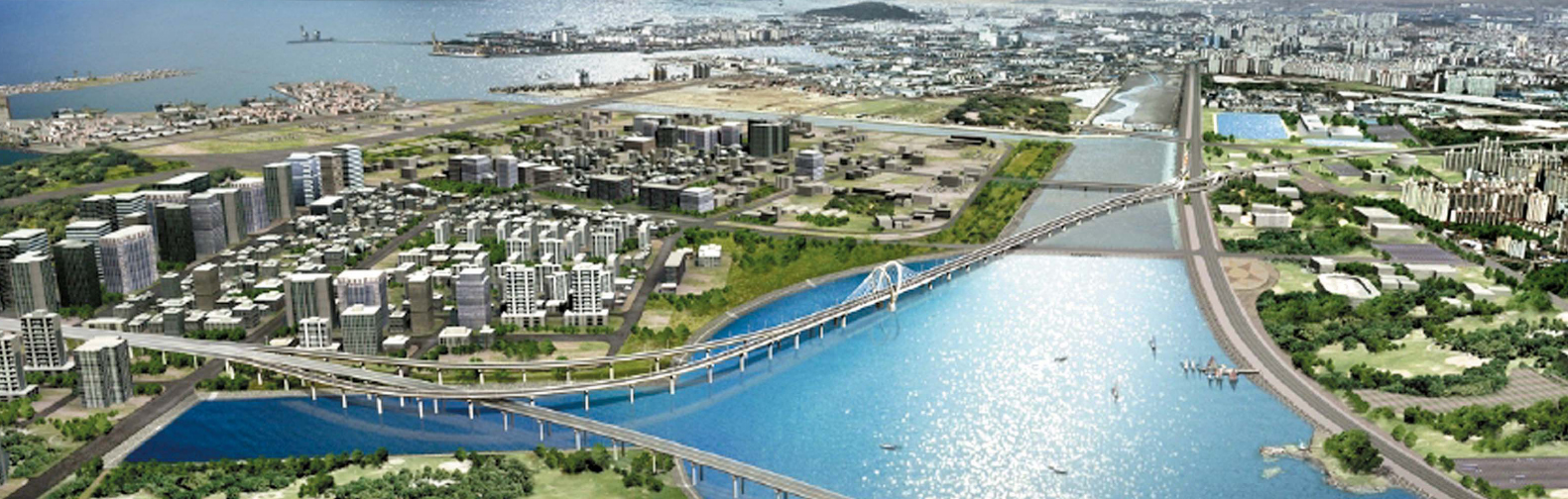 인천 앞바다에 조성 중인 송도국제도시 조감도. 첨단 친환경 기술이 적용된 다양한 시설물들이 속속 들어서는 것으로 그려져 있다.  NSIC 제공