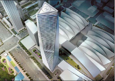 태양광을 조명으로 사용하는 등 친환경 기법으로 건설중인 동북아트레이드타워.