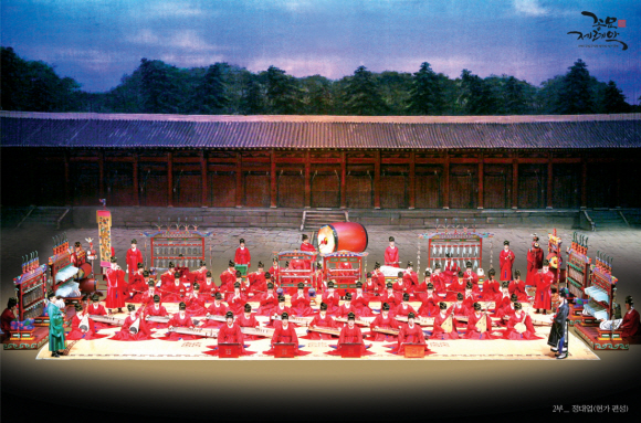 국립국악원이 1892년 당시의 연주 모습대로 복원한 종묘제례악 중 정대업의 악기 배치. 10여종의 악기를 추가하고 편종과 편경도 한 틀에서 세 틀로 늘림에 따라 음향은 물론 시각적으로도 장중함이 돋보인다. 국립국악원 제공 