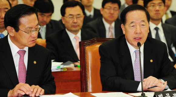 김경한(오른쪽) 법무부장관이 14일 국회 법제사법위원회에 출석, 검찰의 ‘박연차 리스트’ 수사에 대한 의원들의 질문에 답하고 있다. 안주영기자 jya@seoul.co.kr