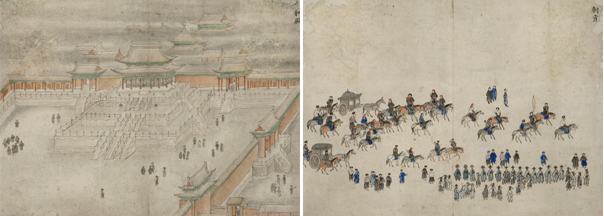 연행도 14폭 중 10번째인 ‘벽옹’(왼쪽 그림). 지붕과 서까래 등의 표현 기법에서 김홍도가 그린 것으로 추정된다. 9번째인 ‘조공’(오른쪽)은 조선의 사절단이 공복을 갖춰입고 청나라 황제의 행차를 맞이하고 있는 모습이다. 숭실대 한국기독교박물관 제공