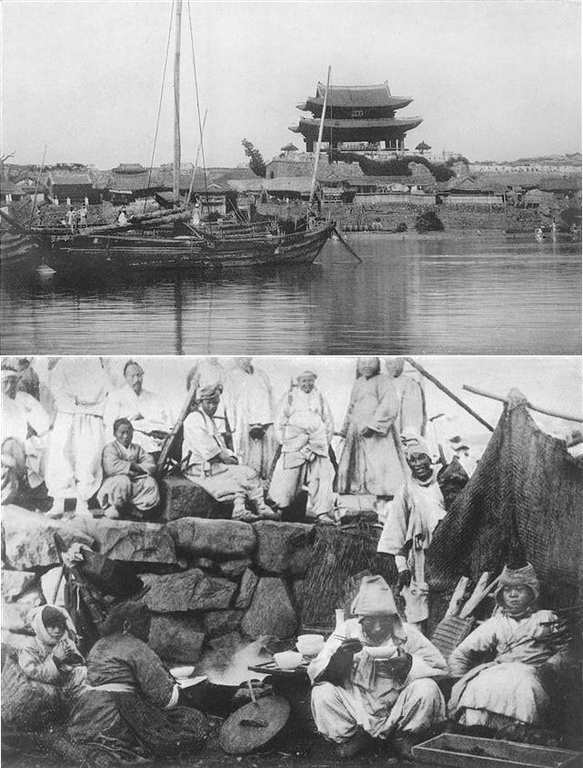 평양 전경(위). 축대 밑에 거적으로 가린 간이식당 풍경.