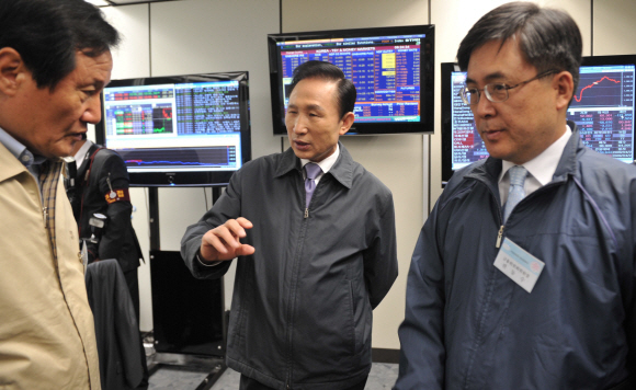 “구조조정 서두르세요” 이명박(가운데) 대통령이 30일 서울 여의도 금융위원회에서 비상경제대책회의를 갖고 윤증현(왼쪽) 기획재정부 장관과 진동수 금융위원장에게 “옥석을 가려 구조조정 될 기업들이 빨리 구조조정이 돼야 건실한 기업이 살아남을 수 있다.”고 말하고 있다. 최해국기자 seaworld@seoul.co.kr