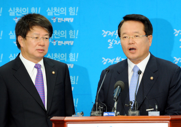 한나라당 원내대표 경선에 나선 정의화(오른쪽) 의원이 14일 서울 여의도 당사에서 정책위의장 러닝메이트인 이종구 의원과 함께 출마의 변을 밝히고 있다. 김명국기자 daunso@seoul.co.kr