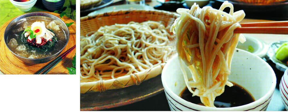 태백시에서 곰취나물을 활용해 개발한 곰취냉면(왼쪽)과 웨스틴조선호텔 일식당 스시조의 에도풍의 소바(오른쪽).