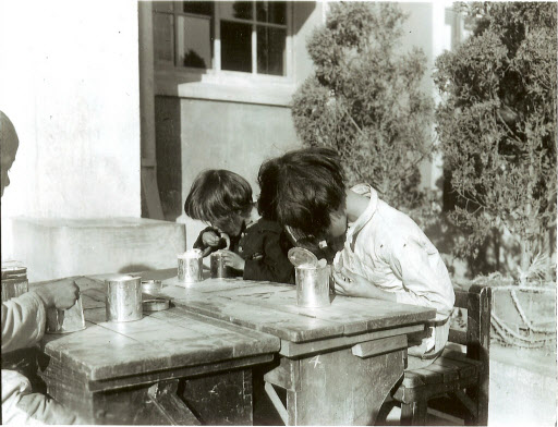 고아들의 식사  1950년 11월2일, 전장에서 부모를 잃고 미군병사에 이끌려 고아원에 막 도착한 아이들이 통조림으로 식사를 하고 있다.