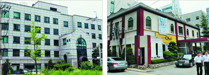 이명박 대통령이 6일 사회에 기부하기로 한 서울 서초동 1709의4 영포빌딩(왼쪽·감정가 169억원)과 서초동 1717의1 건물(감정가 128억원). 손형준기자 boltagoo@seoul.co.kr
