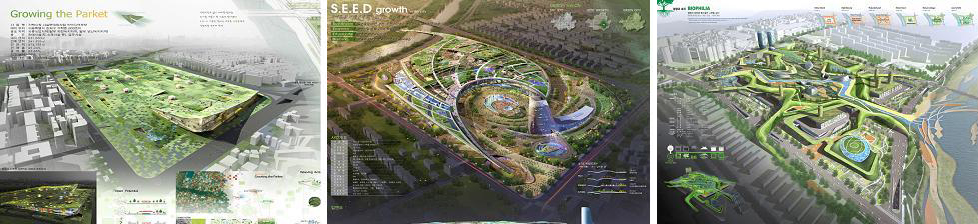 어떤 모습으로 바뀔까  서울시 농수산물공사는 15일 가락시장 현대화사업 현상설계공모에서 1차 심사를 거쳐 10편의 입선작을 선정했다. 사진은 본심사에 오른 입선작 10편 가운데 3편이다. 서울시 제공