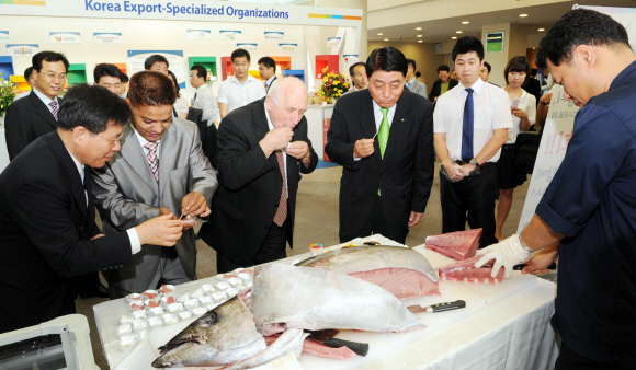 28일 농수산물유통공사(aT) 주최로 서울 양재동 aT센터 대회의실에서 열린 ‘바이 코리안 푸드’ 행사에서 윤장배(왼쪽 네 번째) aT 사장과 해외 바이어들이 참치회를 시식하고 있다. 김명국기자 daunso@seoul.co.kr