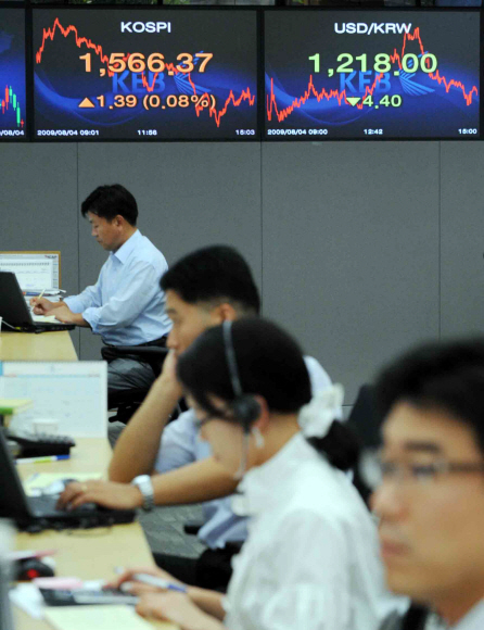 4일 코스피지수가 사상 최고치를 기록하고 원·달러 환율도 달러당 1210원대로 내려앉자 서울을지로2가 외환은행 본점의 외환딜러들이 분주히 시황을 점검하고 있다. 원화환율은 4거래일 연속 떨어져 사상 최저치를 기록했다. 안주영기자 jya@seoul.co.kr