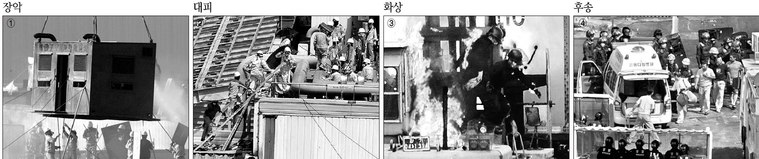 쌍용차 평택공장에 대한 2차 진압이 전개된 5일 경찰이 컨테이너를 이용해 조립3·4공장 옥상을 장악하자(①), 노조원들이 사다리를 타고 다른 건물 위로 대피하고 있다(②). 지게차를 이용해 컨테이너를 치우던 회사측 직원의 옷에 노조원이 던진 화염병 불이 옮겨 붙었다(③). 진압 과정에서 다친 노조원들이 구급차로 옮겨지고 있다(④). 도준석 정연호기자 pado@seoul.co.kr