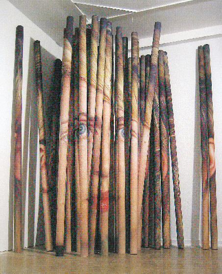 강영민 작. Hillerova의 얼굴들, 2006, 디지털프린트, PVC파이프, 250×9㎝(50개)
