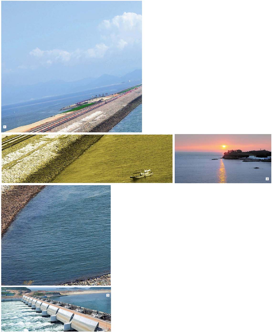 ① 신시도 전망대에서 본 새만금 방조제. 왼쪽이 조만간 육지로 바뀌는 쪽이다.   ② 새만금 방조제의 한쪽 끝인 부안 변산에서 바라본 서해 낙조.   ③ 썰물에 맞춰 갑문을 열고 새만금 방조제 안쪽의 물을 빼고 있는 모습.