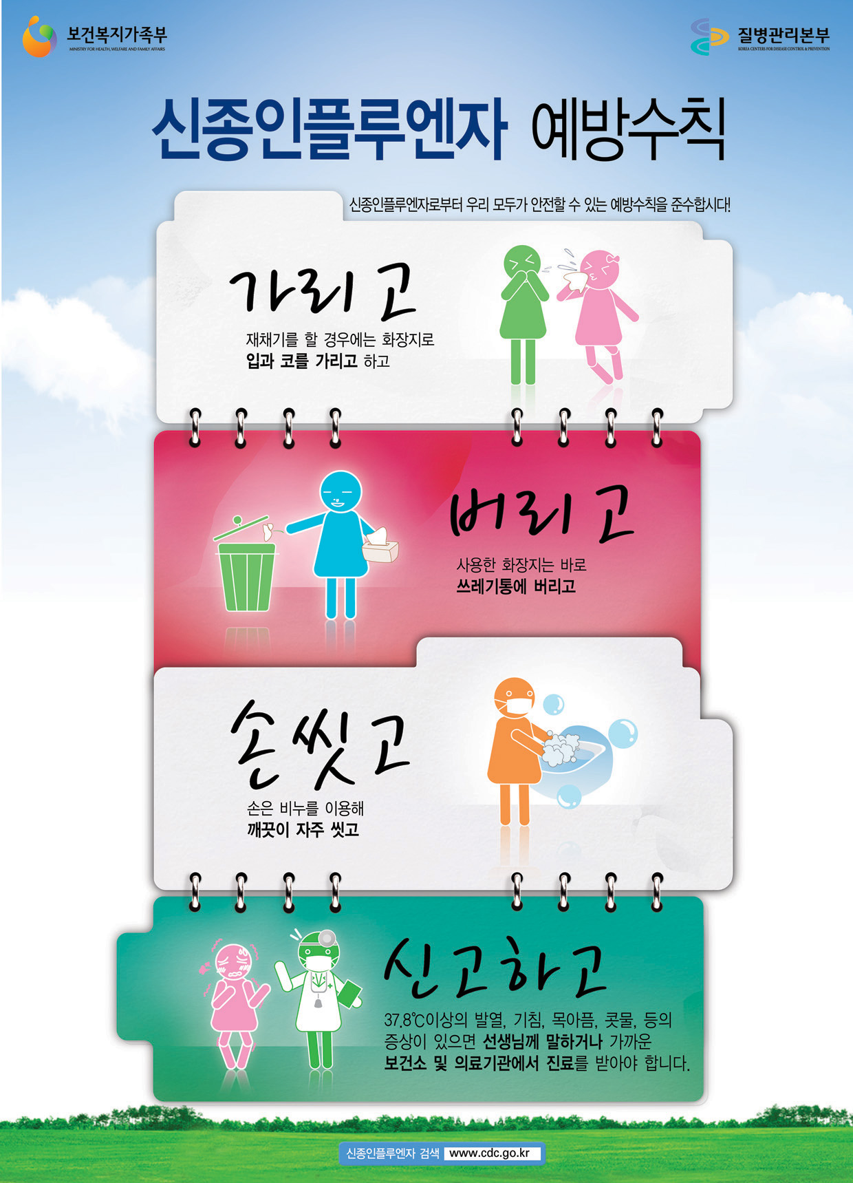 질병관리본부 홈페이지에 신종플루 예방 수칙이 나와있다. http://www.cdc.go.kr/kcdchome/jsp/home/main/Default.jsp 질변관리본부 제공