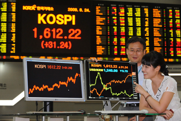 코스피지수가 24일 13개월 만에 1600선을 돌파하자 서울 여의도 한국거래소 직원들이 환한 표정으로 모니터를 보고 있다.  이언탁기자 utl@seoul.co.kr