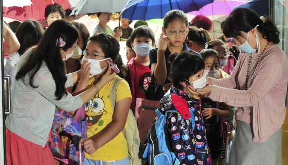 27일 오전 교문에서 체온을 측정받고 있는 서울 신용산초등학교 학생들이 불안한 모습을 보이고 있다. 교육과학기술부는 신종플루 확산 방지를 위해 초·중·고교에서 등교하는 학생들에게 발열검사를 하도록 했다. 이언탁기자 utl@seoul.co.kr