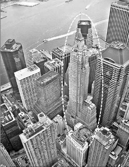 금호종합금융 컨소시엄이 미국 뉴욕 마천루 사이에 우뚝 서 있는 AIG 본사 건물(하얀 점선)을 매입했다. 서울신문 포토라이브러리