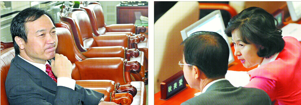 16일 임태희 노동부장관 후보자에 대한 국회 환경노동위원회의 인사청문회가 여당의 일방적인 비정규직법 상정을 문제삼은 민주당 소속 추미애 위원장의 제동으로 무산된 가운데 임 후보자가 위원장실에서 대기하고 있다(왼쪽). 추 위원장이 이날 오후 본회의장에서 심각한 표정으로 환노위 소속 민주당 원혜영 의원에게 뭔가를 얘기하고 있다(오른쪽). 이호정기자 hojeong@seoul.co.kr