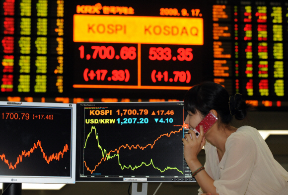고공행진 17일 코스피지수가 장중 한때 1700선을 돌파하자 서울 여의도 한국거래소에서 한 직원이 밝은 표정으로 모니터를 보고 있다. 코스피가 1700을 넘은 것은 지난해 6월27일 이후 약 15개월 만이다.  도준석기자 pado@seoul.co.kr