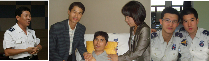 경찰의 날을 맞아 묵묵히 선행을 펼쳐온 경찰들이 화제다. 왼쪽부터 웃음치료 전문가로 통하는 인천 남동경찰서 한상욱 경사, 아픈 동료 장용석 전 경장을 돕고 있는 서울 송파경찰서 김기현(가운데 사진 왼쪽) 경위, 저소득층 중학생들에게 무료과외를 해주는 경기 시흥경찰서 112타격대 양노아(오른쪽 사진 왼쪽)·강필환 상경. 경찰청 제공