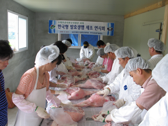 지난 8월 발효생햄 제조 교육행사에 참가한 전북 무주군 주민 40여명이 햄 제조를 위해 돼지 뒷다리를 손질하고 있다.  무주군 농업기술센터 제공