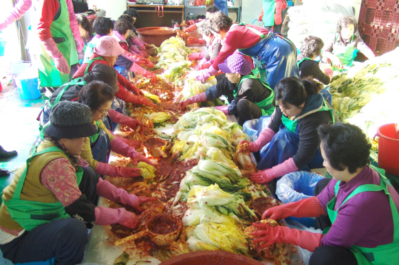 전북 정읍농협 ‘사랑나눔 사절단’ 회원들이 독거노인들에게 점심을 대접하기 위해 한데 모여 김장을 하고 있다. 정읍농협 제공