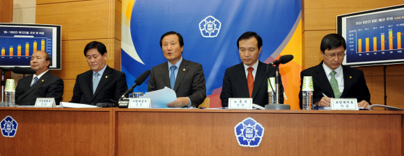 17일 정부과천청사에서 윤증현 기획재정부 장관 등이 2010년도 예산안의 조속한 국회심의를 촉구하는 합동 기자회견을 갖고 있다. 왼쪽부터 정종환 국토해양부 장관, 최경환 지식경제부 장관, 윤 장관, 임태희 노동부 장관, 유영학 보건복지가족부 차관. 손형준기자 boltagoo@seoul.co.kr