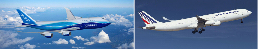 대통령 전용기 후보로 검토되고 있는 보잉 747-8(왼쪽)과 에어버스 380(오른쪽) 기종.