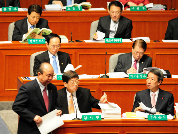 7일 국회 예산결산특별위원회가 내년도 예산안 심사를 위한 첫 종합정책질의를 벌인 가운데 정종환(앞줄 왼쪽) 국토해양부 장관이 4대강 사업 예산에 대한 질의에 답변하기 위해 단상으로 나가고 있다. 안주영기자 jya@seoul.co.kr