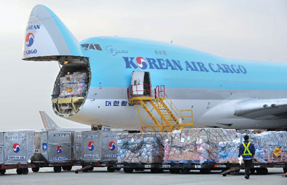 국내 항공화물량이 잇달아 사상 최고치를 갈아치우고 있는 가운데 8일 인천국제공항 계류장에서 대한항공 화물기가 화물을 가득 싣고 있다.  정연호기자 tpgod@seoul.co.kr 