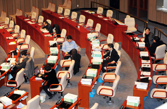 점거 나흘째  국회 예결위 회의장에서 20일 나흘째 점거농성을 벌인 민주당 소속 의원들이 컴퓨터로 자료를 검색하거나 서로 대화를 나누고 있다. 이호정기자 hojeong@seoul.co.kr