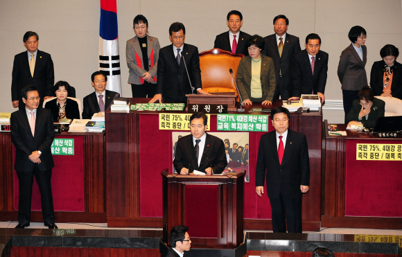  “이제 농성 풉시다”  민주당 의원들이 국회 예결위 회의장과 위원장석을 닷새째 점거한 21일 심재철(앞쪽 가운데) 예결위원장이 농성을 풀고 내년도 예산안의 계수조정 심사에 참여할 것을 촉구하고 있다. 이호정기자 hojeong@seoul.co.kr