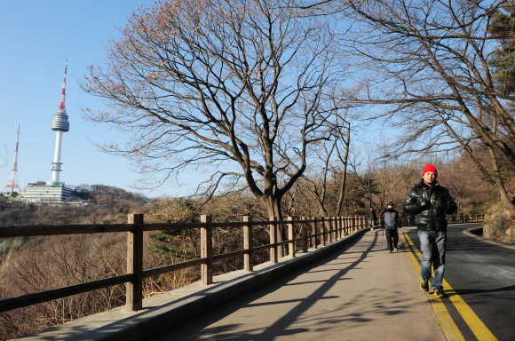 서울과 600년 흥망을 함께해 온 남산길이야말로 명실상부한 한국의 대표길이라 할 수 있다. 남산 국립국장 방면에서 올라가는 산책로는 산 정상인 N서울타워(왼쪽)까지 닿아있다.  안주영기자 jya@seoul.co.kr