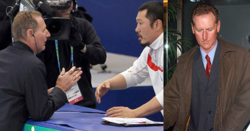 사진 오른쪽은 지난 2002년 2월 23일(한국시간) 미국 솔트레이크 올림픽에서 김동성의 실격 판정을 내린 휴이시(호주) 주심이 스포츠중재재판소(CAS)에서 재판을 마친 뒤 건물을 나서고 있는 모습.   연합뉴스