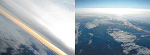 대기권(지상 9만 9000피트)에서 촬영한 우주 속에서 푸르게 빛나는 지구의 모습.