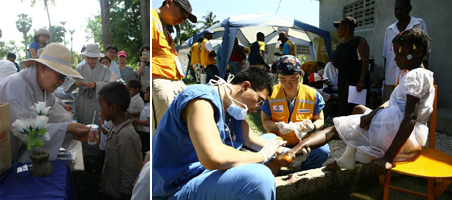 지난해 7월 캄보디아 시엠리아프의 빈민촌에서 어린이에게 구충제를 먹이고 있는 스님(왼쪽)과 지난 2월 아이티 지진 현장에서 의료구호활동을 벌이고 있는 종교단체 모습. 서울신문 포토라이브러리·조계종 제공