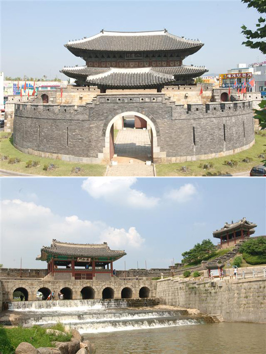 보물 402호인 수원 팔달문(위)과 일곱개의 아치형 수문을 갖추고 있는 화홍문.