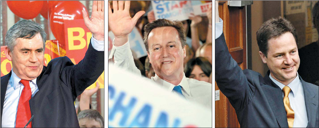 13년 만에 정권이 교체될지에 초점이 맞춰진 영국의 총선거가 6일(현지시간) 오전 전역에서 시작됐다. 고든 브라운(왼쪽부터) 영국 총리 겸 노동당 당수, 데이비드 캐머런 보수당 당수, 닉 클레그 자유민주당 당수.  런던 연합뉴스