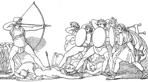 귀향한 오디세우스가 이타케의 구혼자들을 응징하는 화살을 날리고 있는 그림. 영어본 ´오디세이아´의 삽화다.