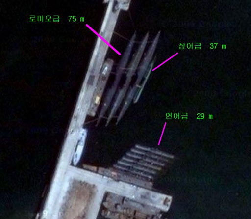 국방부가 31일 북한이 천안함을 침몰시킨 연어급 잠수정을 보유하고 있다며 공개한 위성사진. 국방부·민군합동조사단 제공 