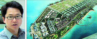 두바이 팜 주메이라를 연상시키는 빈하이신구의 항만과 인공섬 조감도(오른쪽).