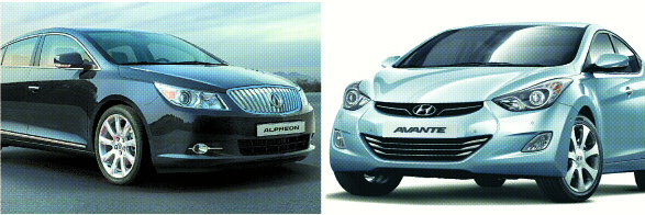 올 하반기 ‘준(準)차 시리즈 대전’을 주도할 현대차의 신형 아반떼(오른쪽)와 GM대우차의 준대형세단 ‘알페온’. 아반떼와 알페온은 각각 8·9월에 출시될 예정이다.  현대·GM대우 제공