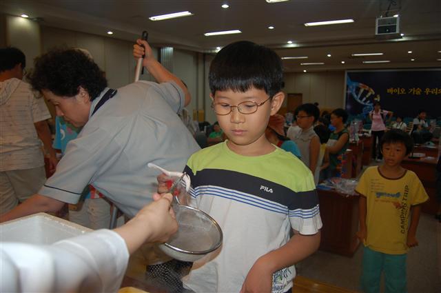 한 어린이가 한국생명공학연구원에서 진행 중인 ‘미꾸라지 해동실험’을 통해 얼어 있는 미꾸라지를 관찰하고 있다.  한국기초과학지원연구원 제공