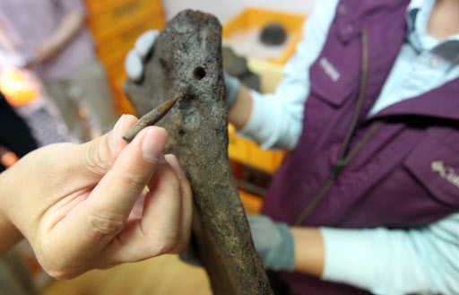 한국문물연구원이 7월 말 울산 남구 울산신항만 부두 연결도로 개설공사 부지에서 발견한 화살이 박힌 고래뼈를 17일 공개했다. 울산 연합뉴스