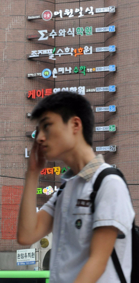 2014년도 대입수능 개편안이 발표된 19일 서울 중계동 학원가에서 한 남학생이 입시학원 간판들이 줄지어 붙은 한 건물 앞을 지나가고 있다.  김태웅기자 tuu@seoul.co.kr