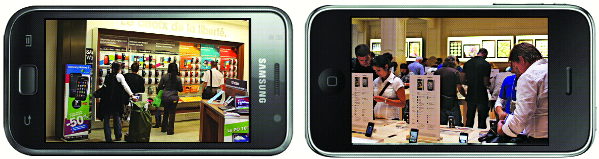 휴대전화가 해마다 1000만대 이상 팔려 나가는 프랑스를 무대로 아이폰과 갤럭시S가 치열한 경쟁을 벌이고 있다. 파리 외곽 업무지구 라데팡스의 갤럭시S 휴대전화 매장(왼쪽), 파리 오페라에 위치한 애플의 플래그십 매장에서 아이폰4를 둘러보는 고객들. 파리 박건형 순회특파원 kitsch@seoul.co.kr